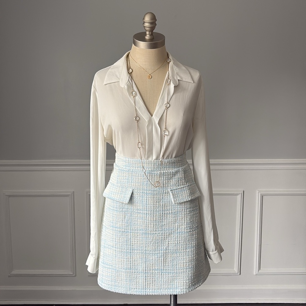 Cable & Gauge Light Blue Tweed Mini Skirt Front Flap Pockets NWT - Picture 3 of 8